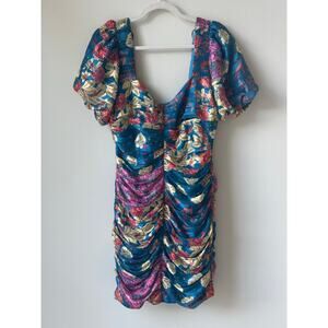 Adelyn Rae Sz Medium Ruched Blue Floral Short Sleeve Short Dress Silky Material